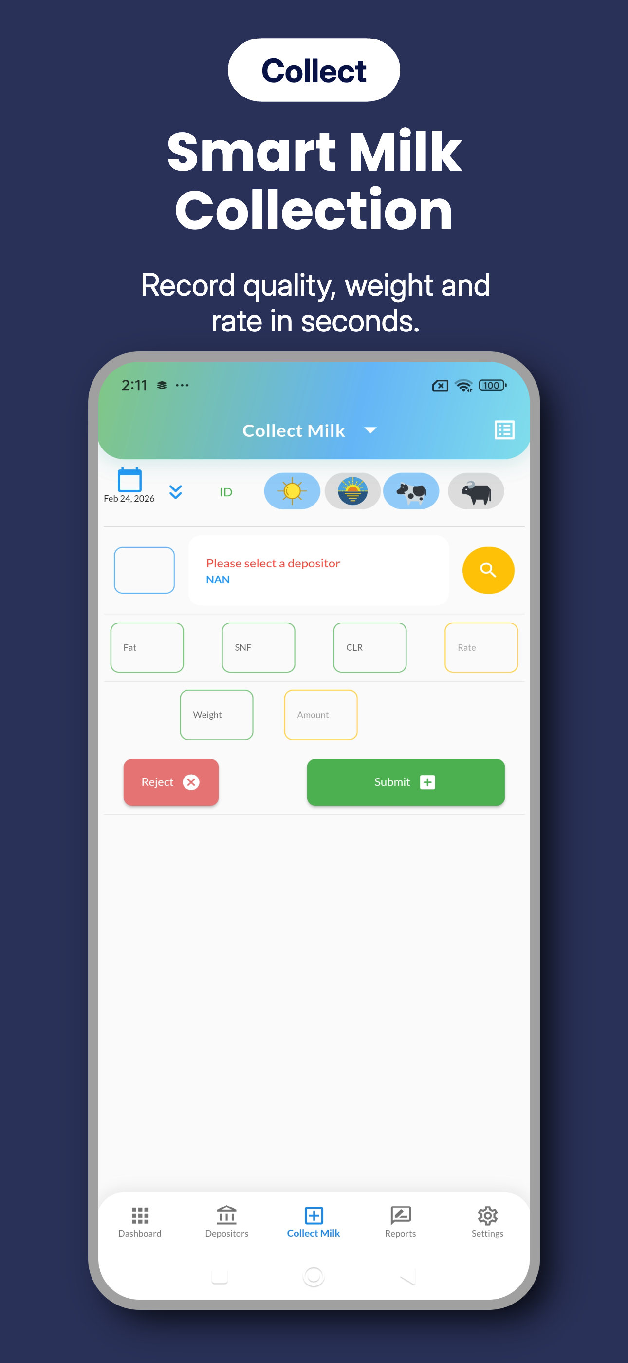 Milkolect collection screen