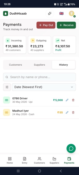 Customer detail screen showing outstanding balance, deliveries, and payments